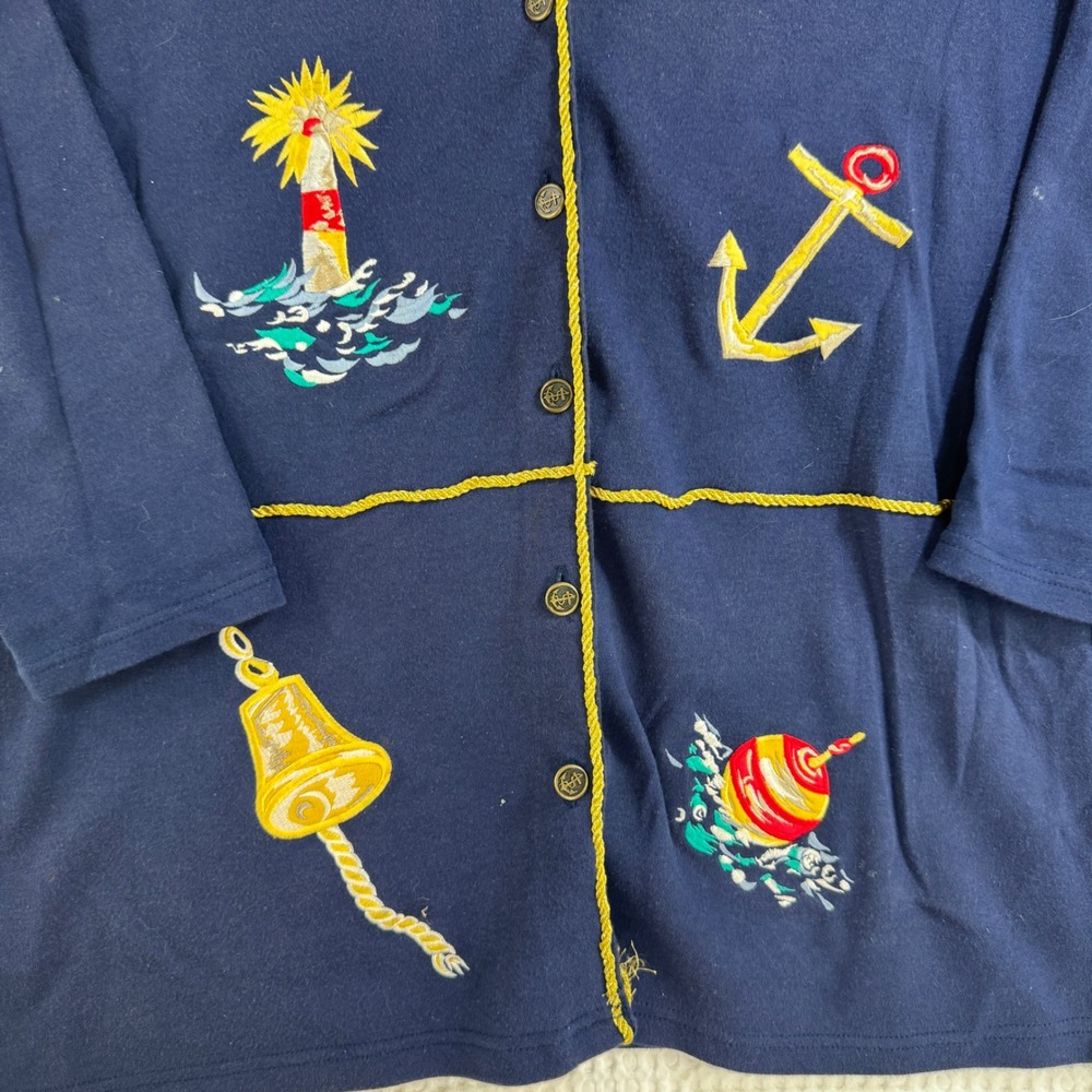 Chaus Sport Womens Navy Blue Nautical Embroidered Cotton Cardigan Sweater L - Picture 4 of 9